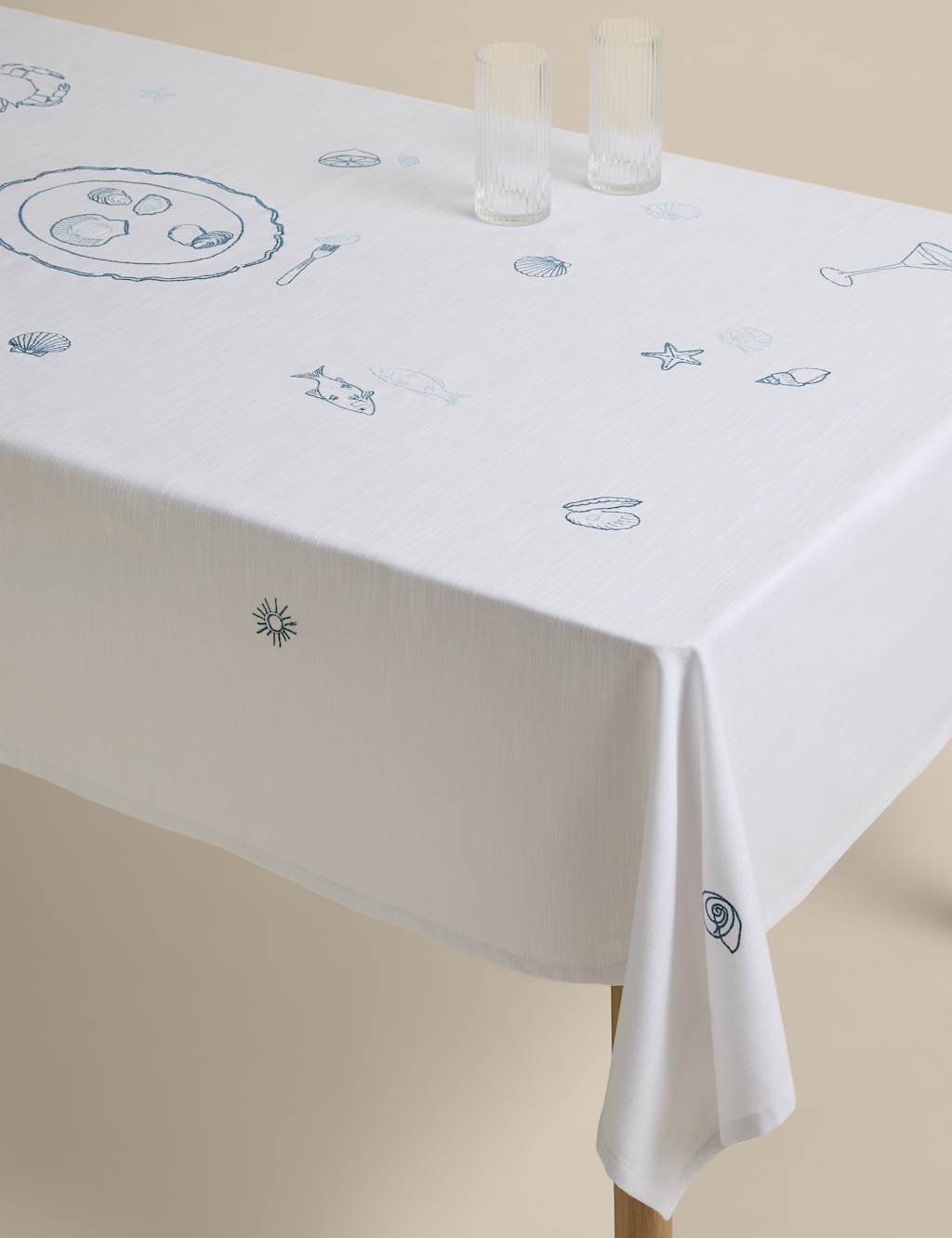 M&S Pure Cotton Coastal Embroidered Tablecloth Blue Mix