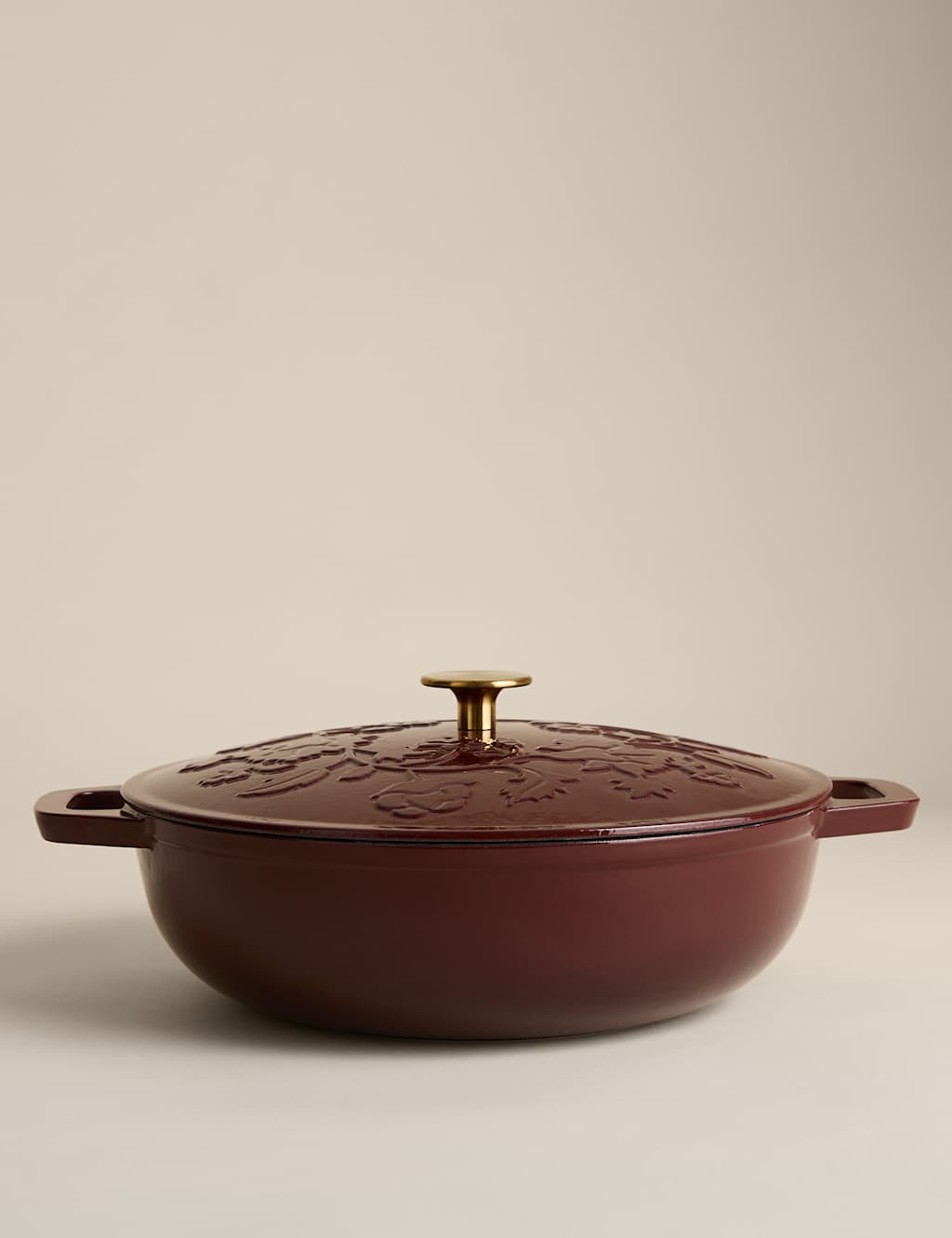 M&S Cast Iron Floral Casserole Dish Oxblood