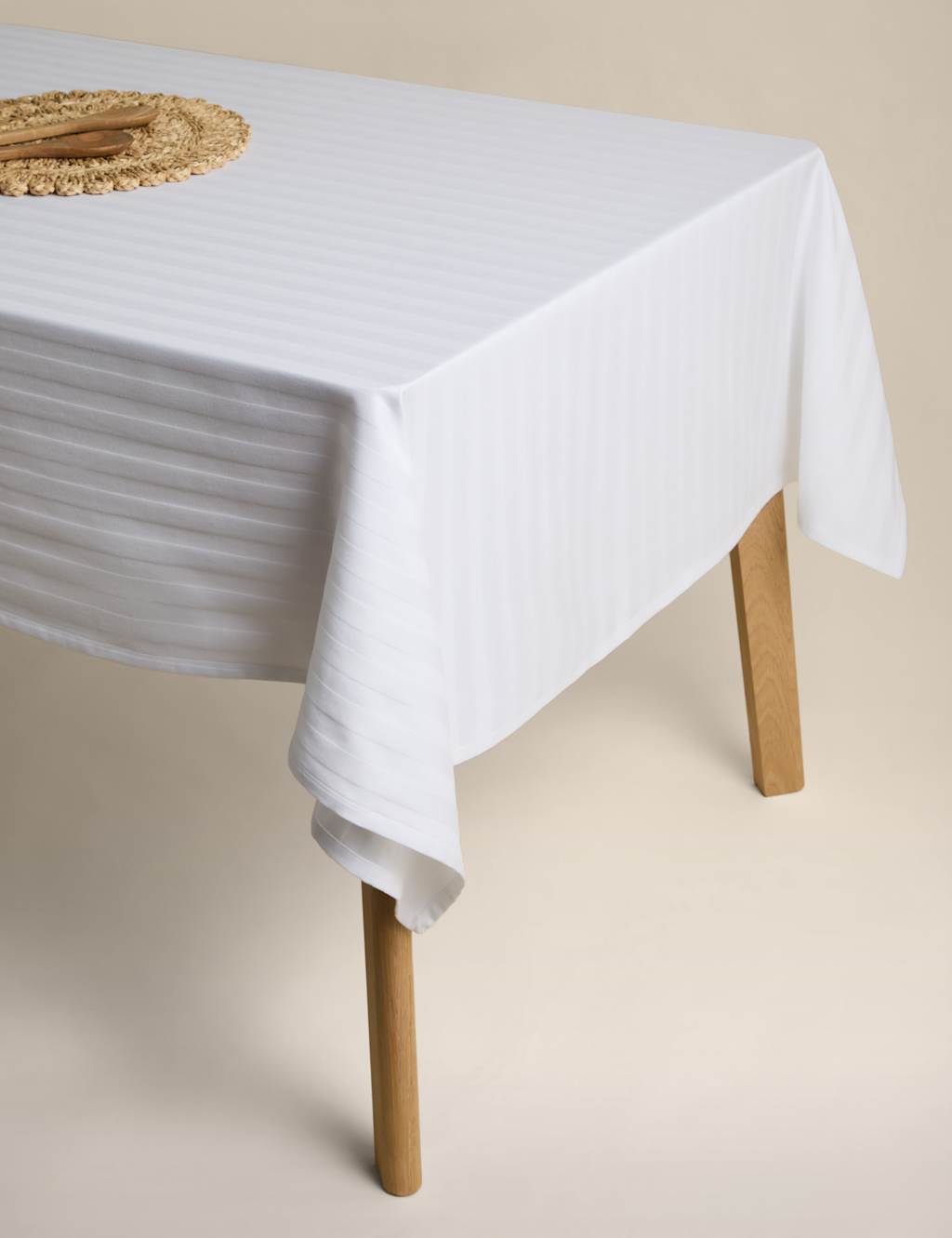 M&S Pure Cotton Sateen Striped Tablecloth White