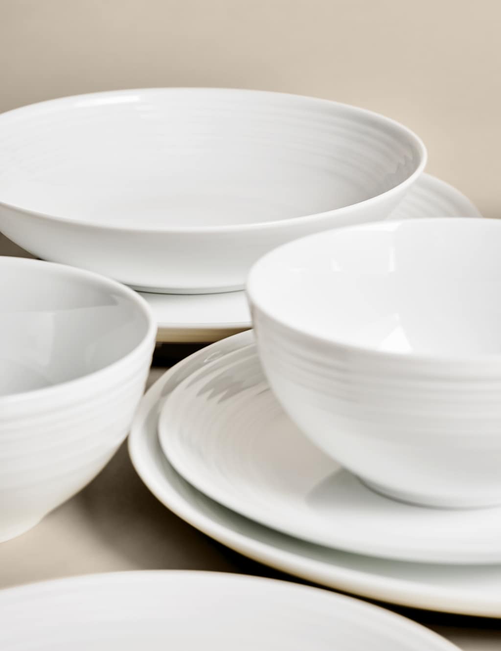 M&S Collection 16 Piece Ribbed Porcelain Dinner Set - White, White