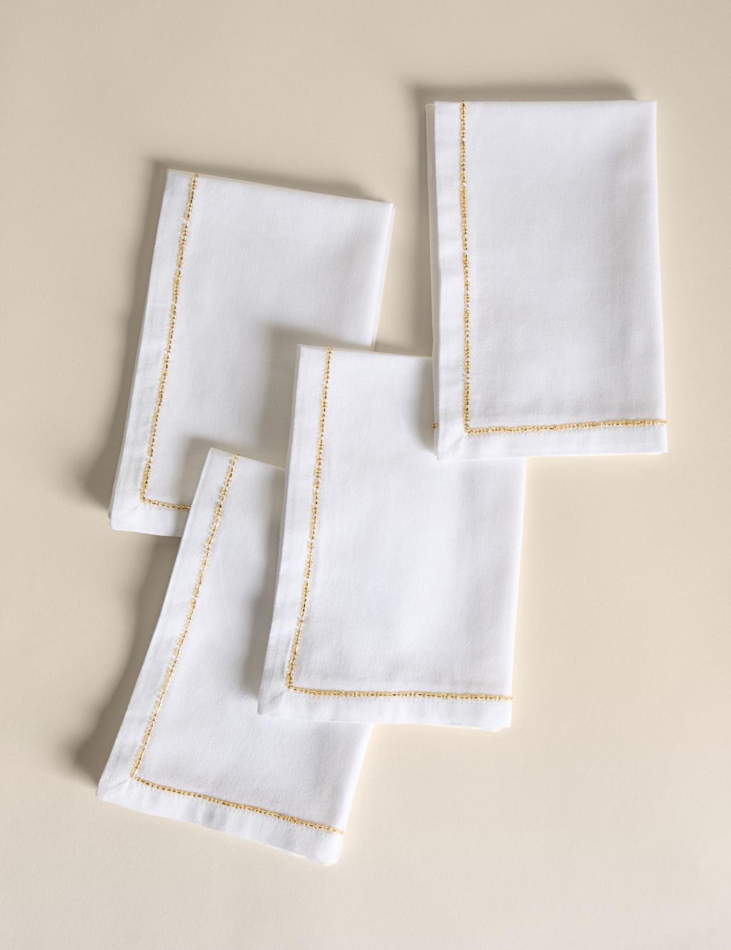 M&S 4pk Pure Cotton Beaded Edge Napkins Gold