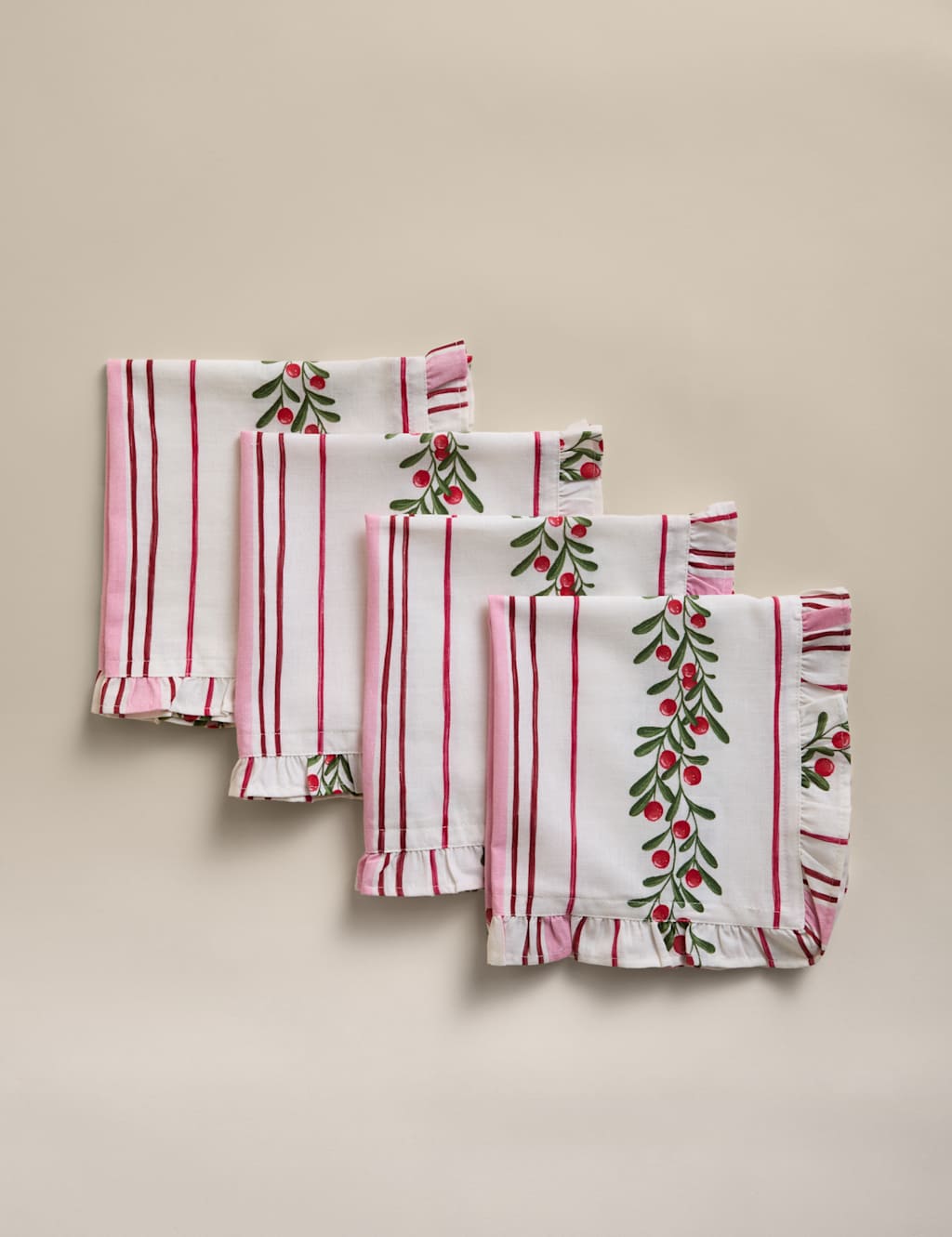 M&S Set of 4 Cotton with Linen Striped Napkins Pink Mix