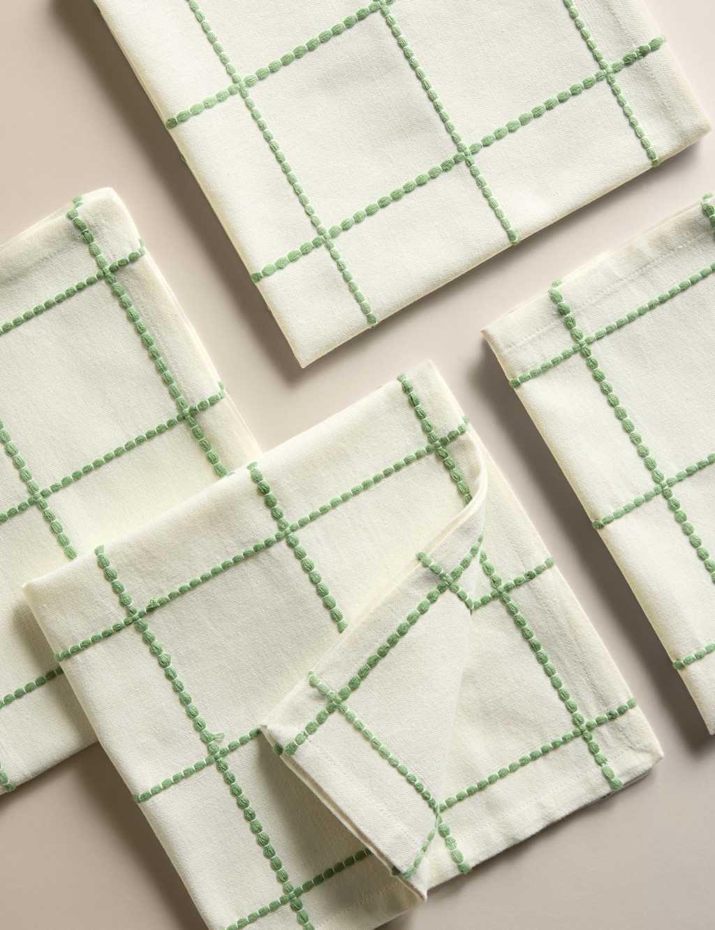 M&S Collection Set of 4 Pure Cotton Checked Napkins - Green, Green