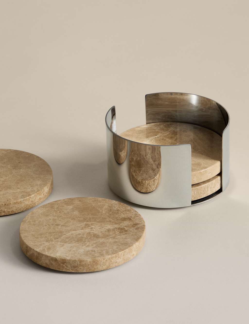 M&S Set of 4 Stone Coasters with Holder - Ecru
