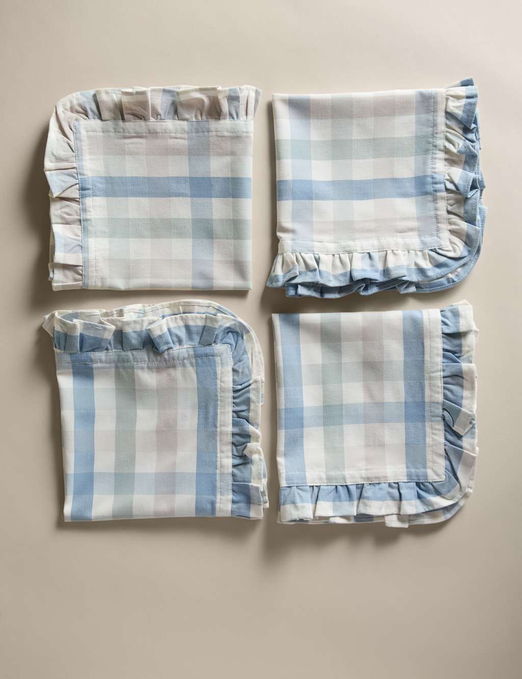 M&S Collection Set of 4 Cotton with Linen Ruffle Gingham Napkins - Blue Mix, Brown Mix,Blue Mix