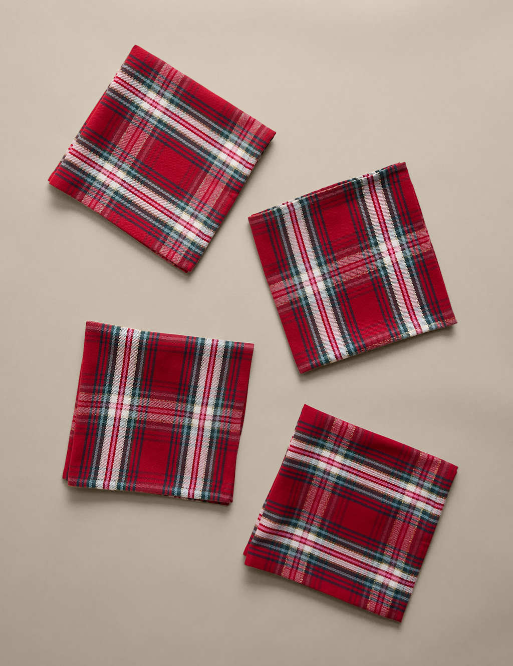 M&S Set of 4 Cotton Rich Tartan Napkins Red Mix