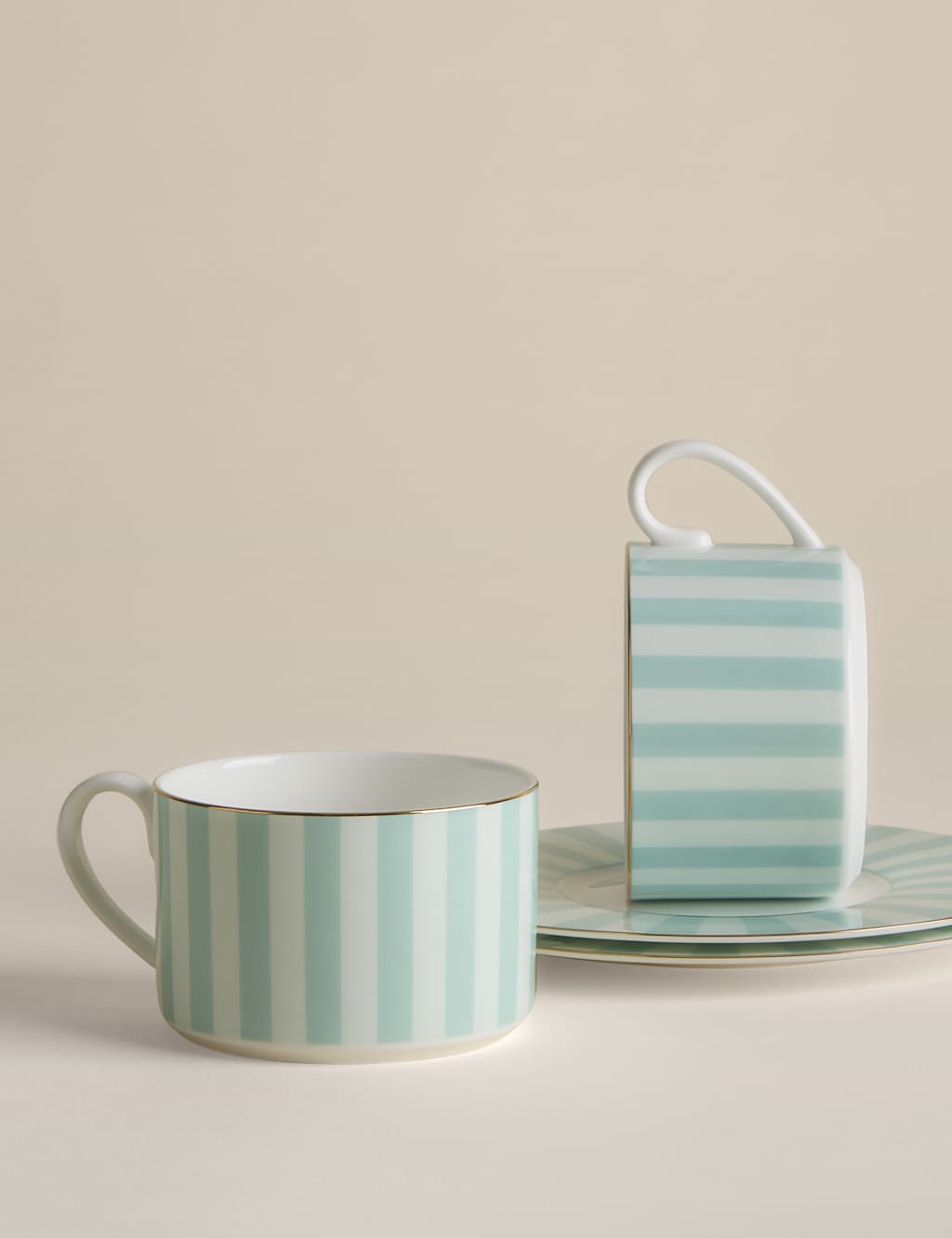 M&S 2 Pack Bone China Striped Cups & Saucers - Mint