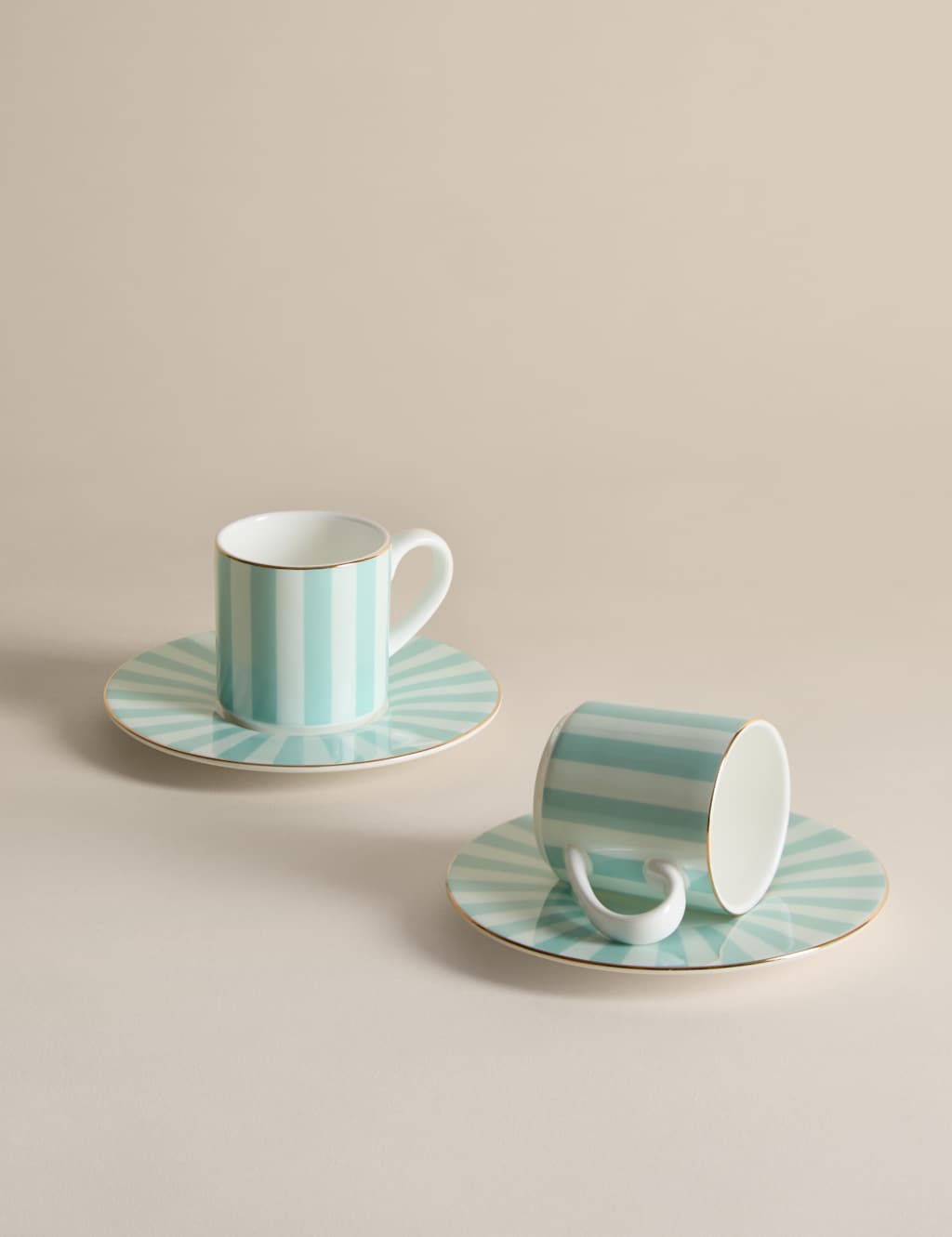 M&S 2 Pack Bone China Stripe Espresso Cup & Saucer - Mint