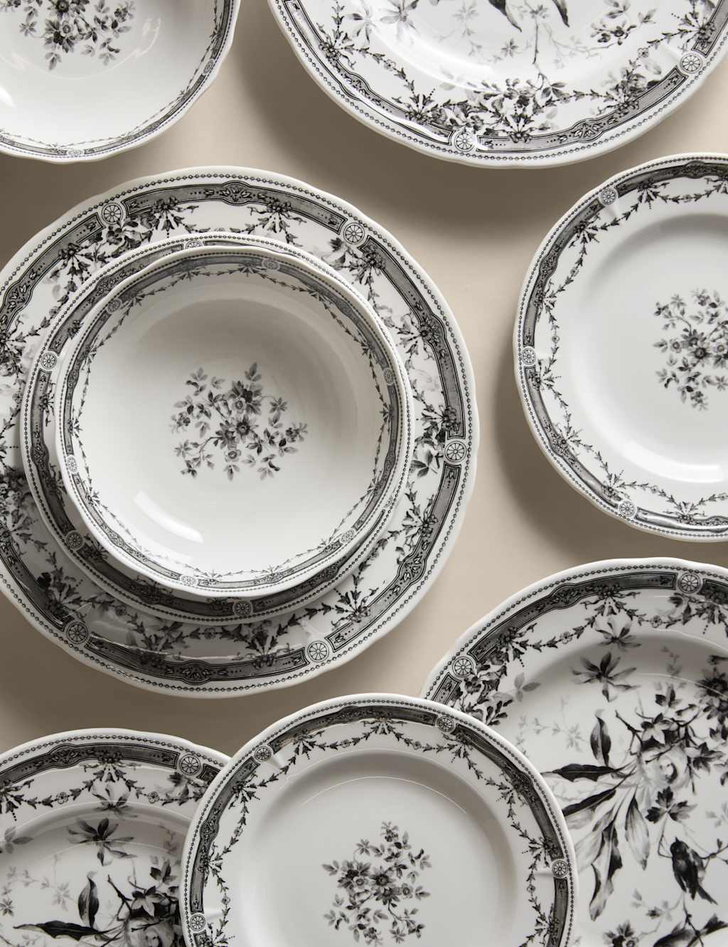 M&S Collection 12 Piece Vintage Floral Dinner Set - Black Mix, Black Mix
