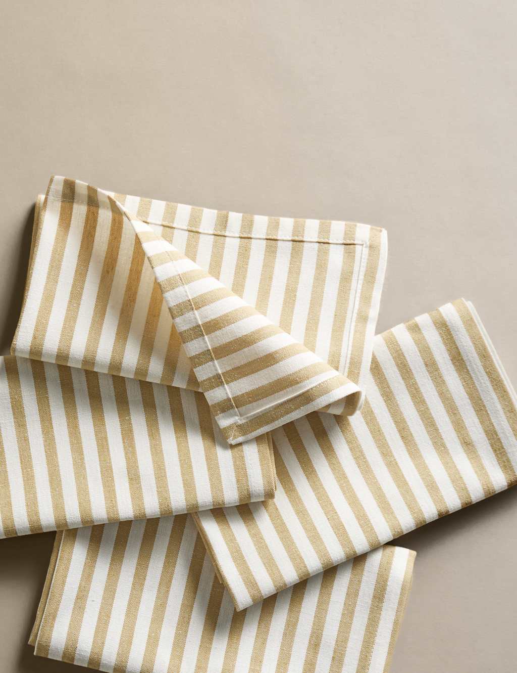M&S Collection Set of 4 Cotton with Linen Thin Stripe Napkins - Ochre, Ochre,Natural