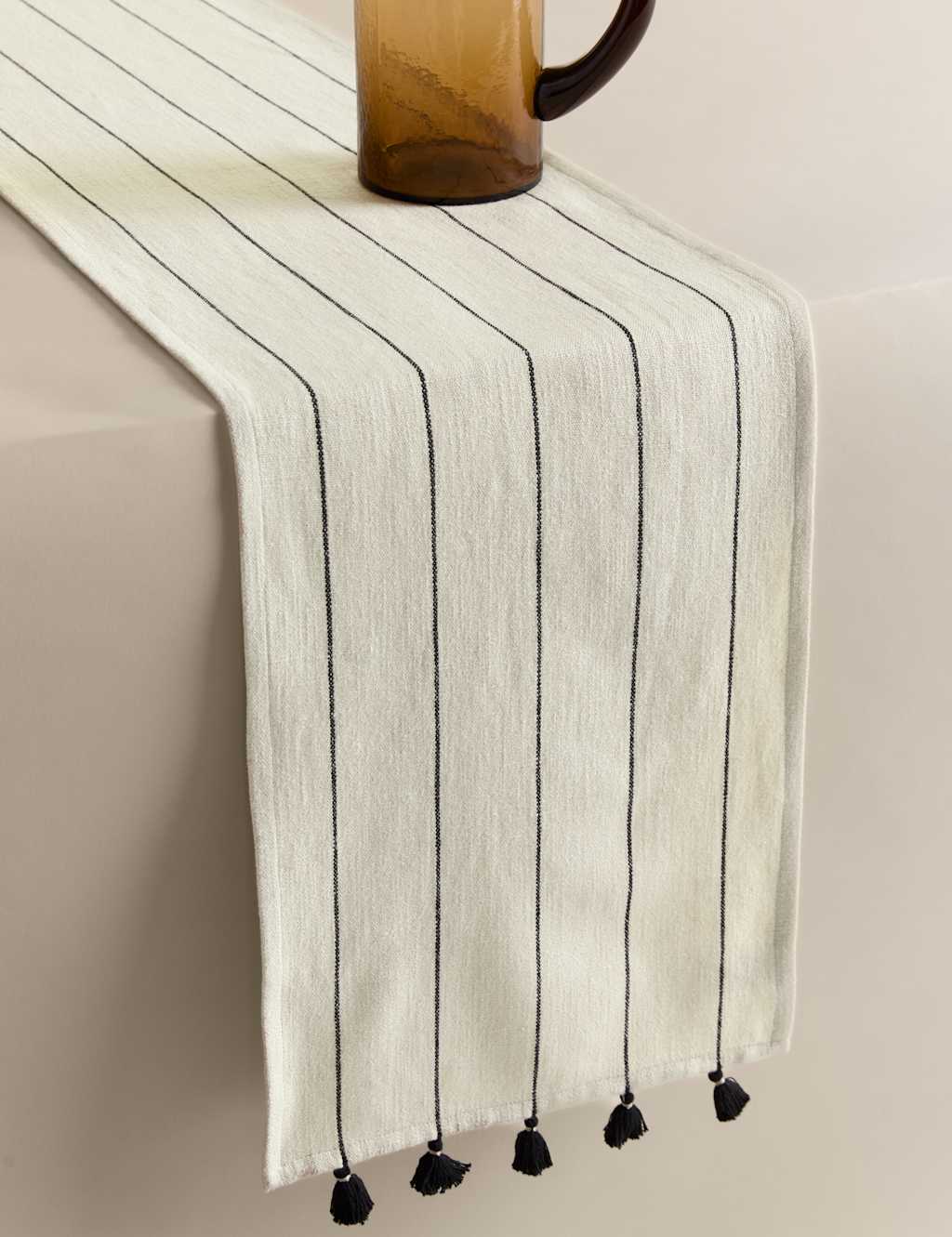 M&S Collection Pure Cotton Striped Tassel Table Runner - Natural Mix, Natural Mix