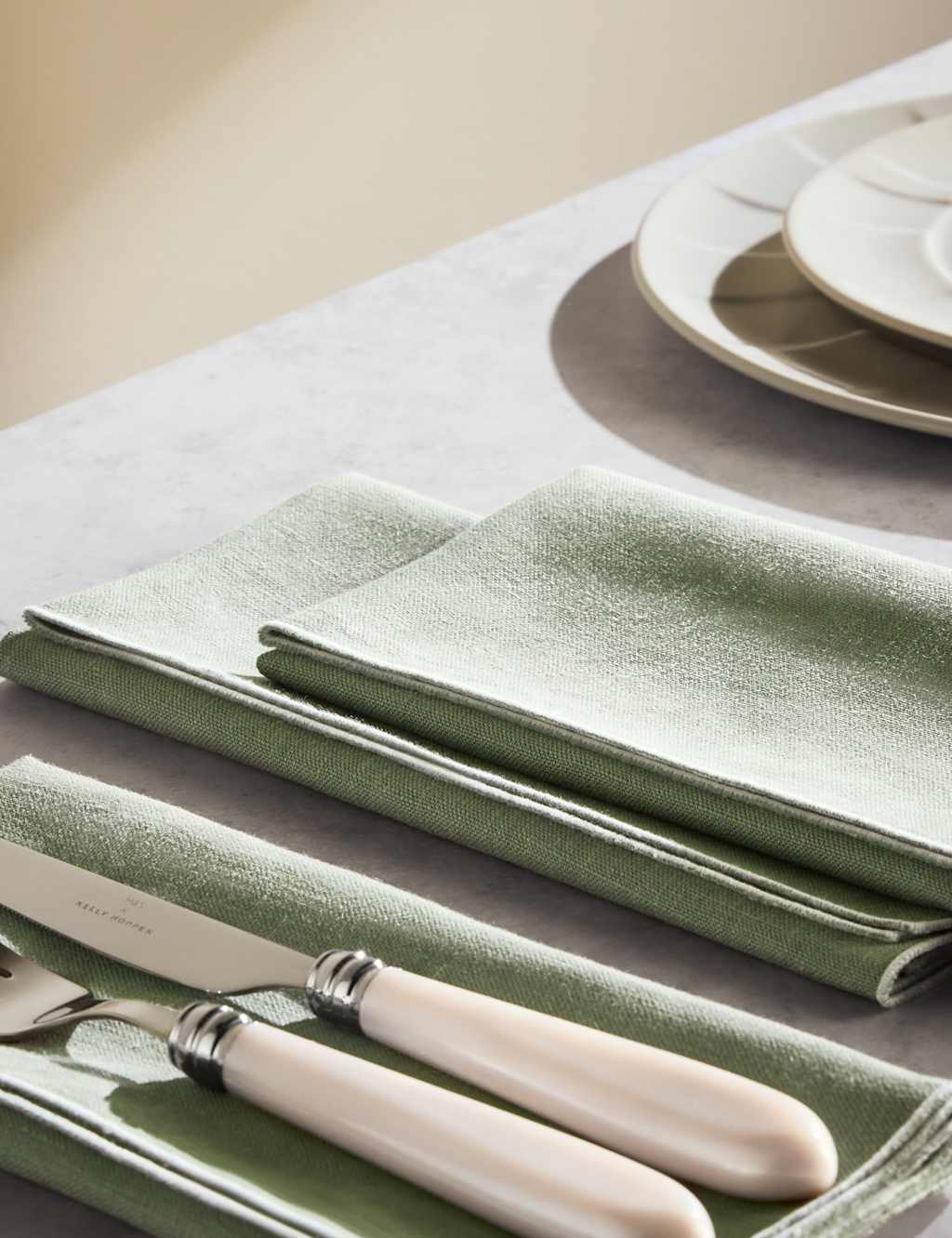M&S X Kelly Hoppen Set of 4 Pure Linen Contrast Edge Napkins - Green Mix