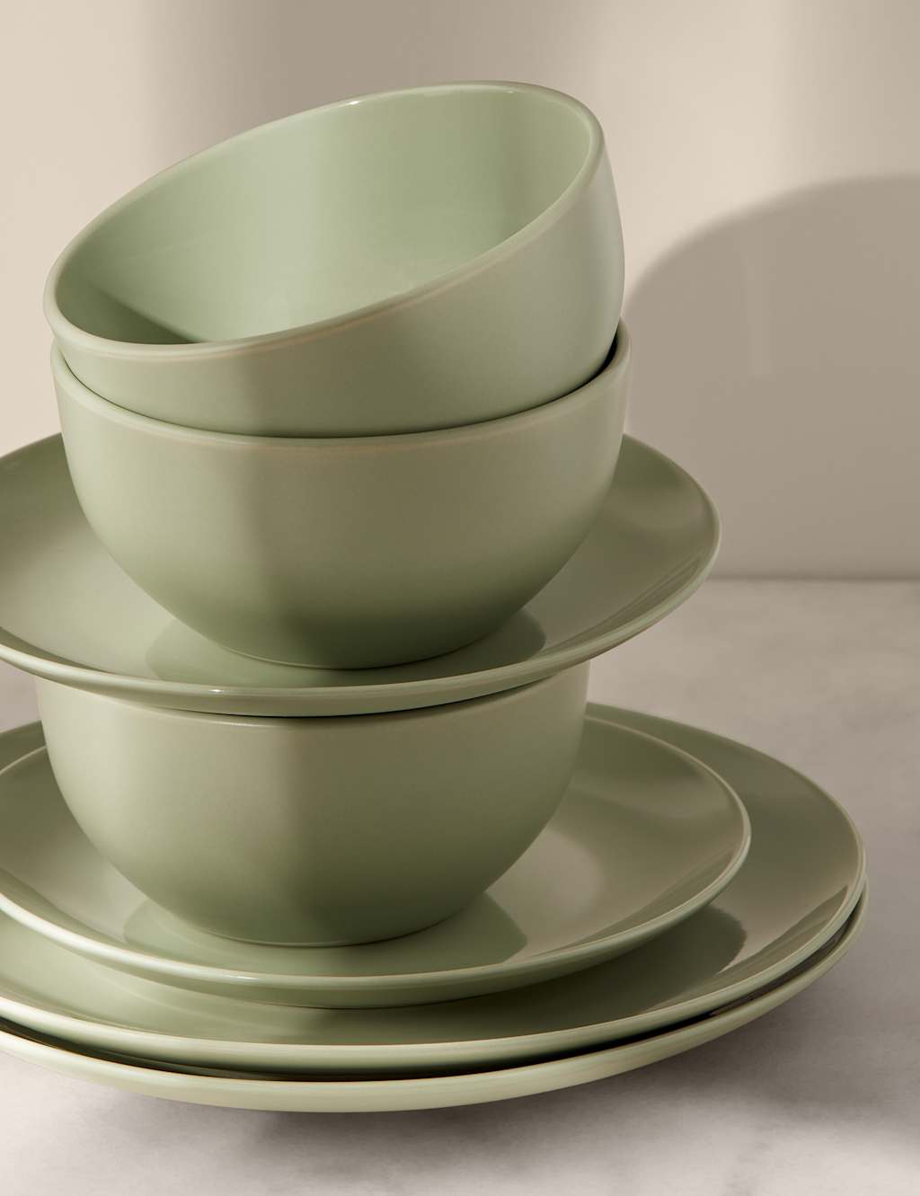 M&S Collection 12 Piece Everyday Stoneware Dinner Set - Sage, Bright Blue,Natural,Sage