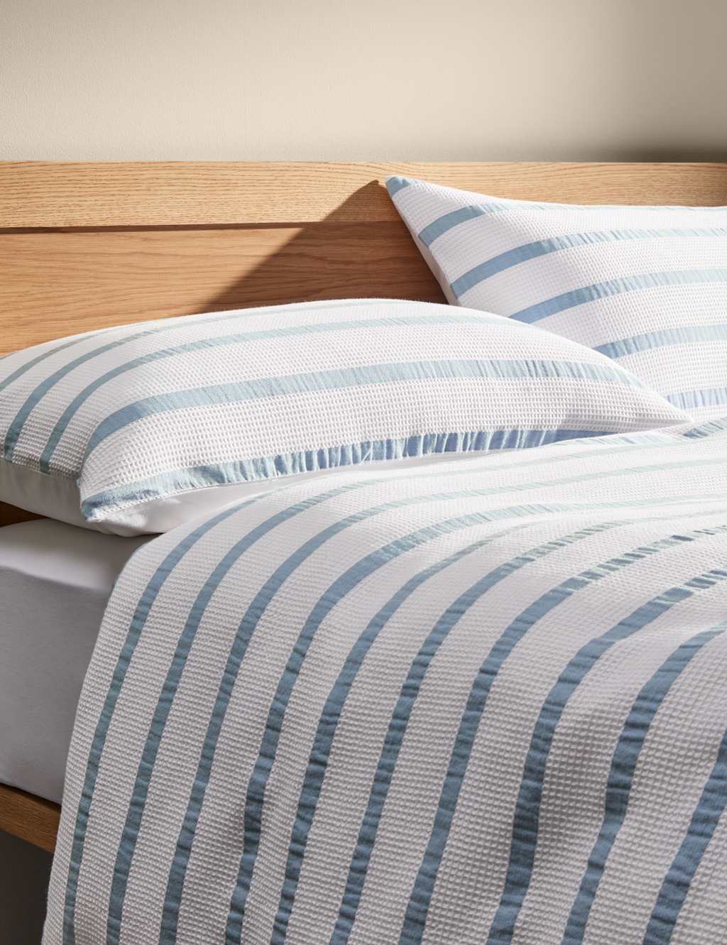 M&S Pure Cotton Contrast Striped Waffle Bedding Set Blue Mix