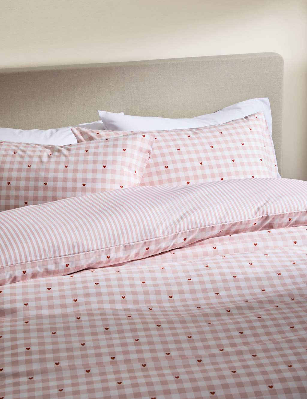 M&S Cotton Blend Gingham Heart Bedding Set Pink Mix