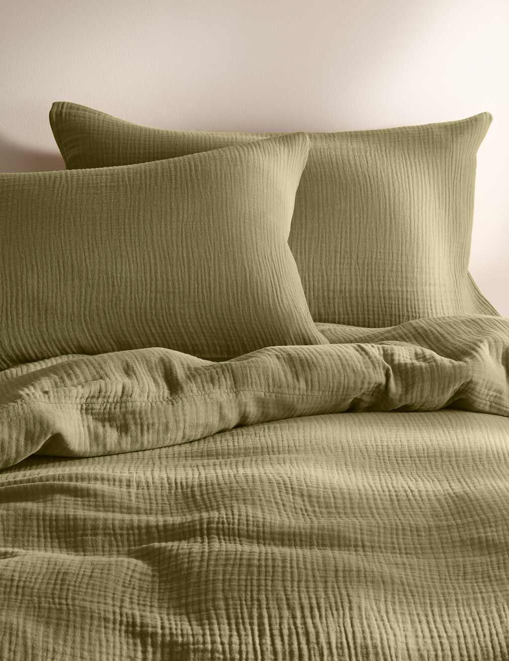 M&S Pure Cotton Muslin Bedding Set Olive
