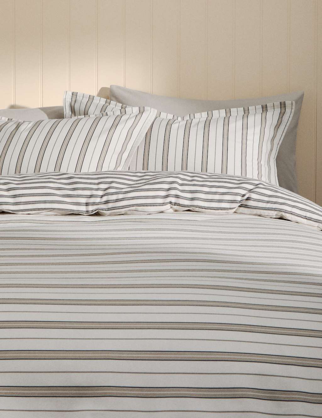 M&S Pure Brushed Cotton Striped Bedding Set Grey Mix