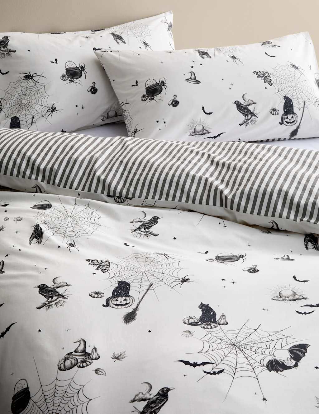 M&S Cotton Rich Halloween Printed Bedding Set Black Mix