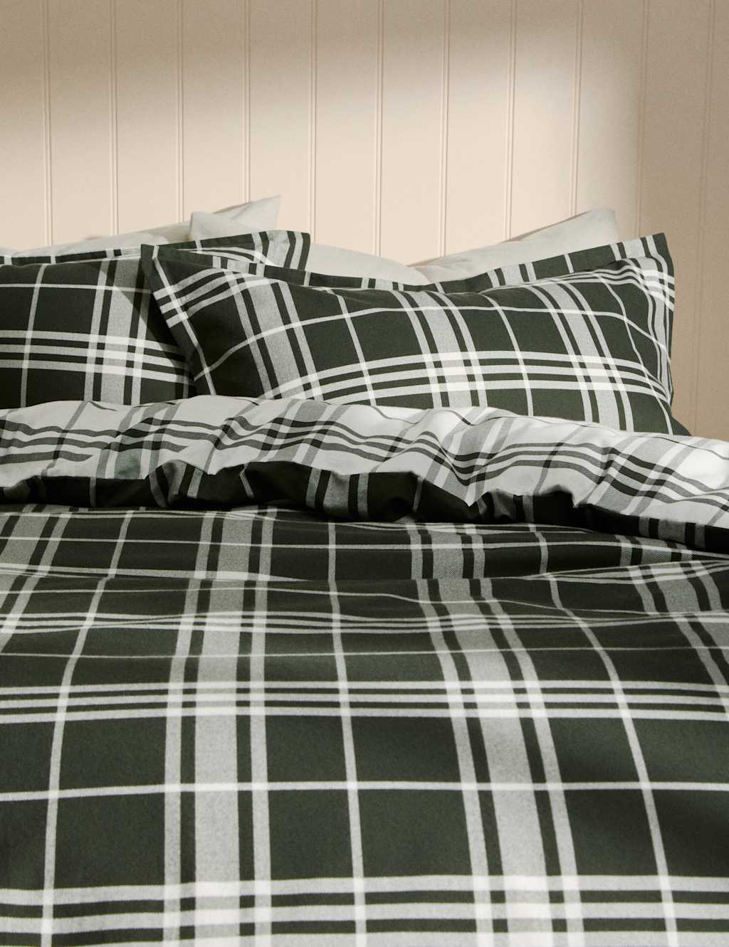 M&S Brushed Cotton Checked Bedding Set Green