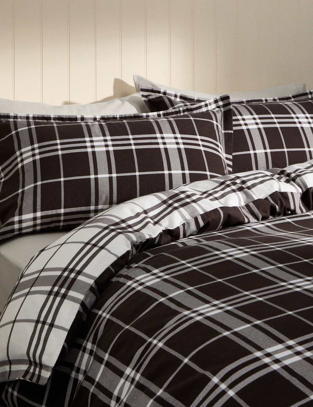 M&S Brushed Cotton Checked Bedding Set Coffee