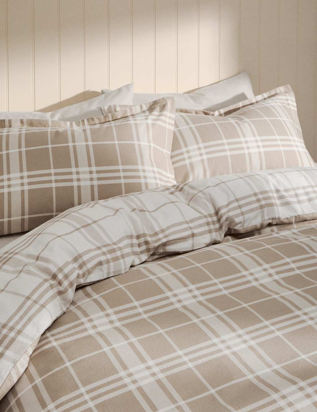 M&S Brushed Cotton Checked Bedding Set Natural