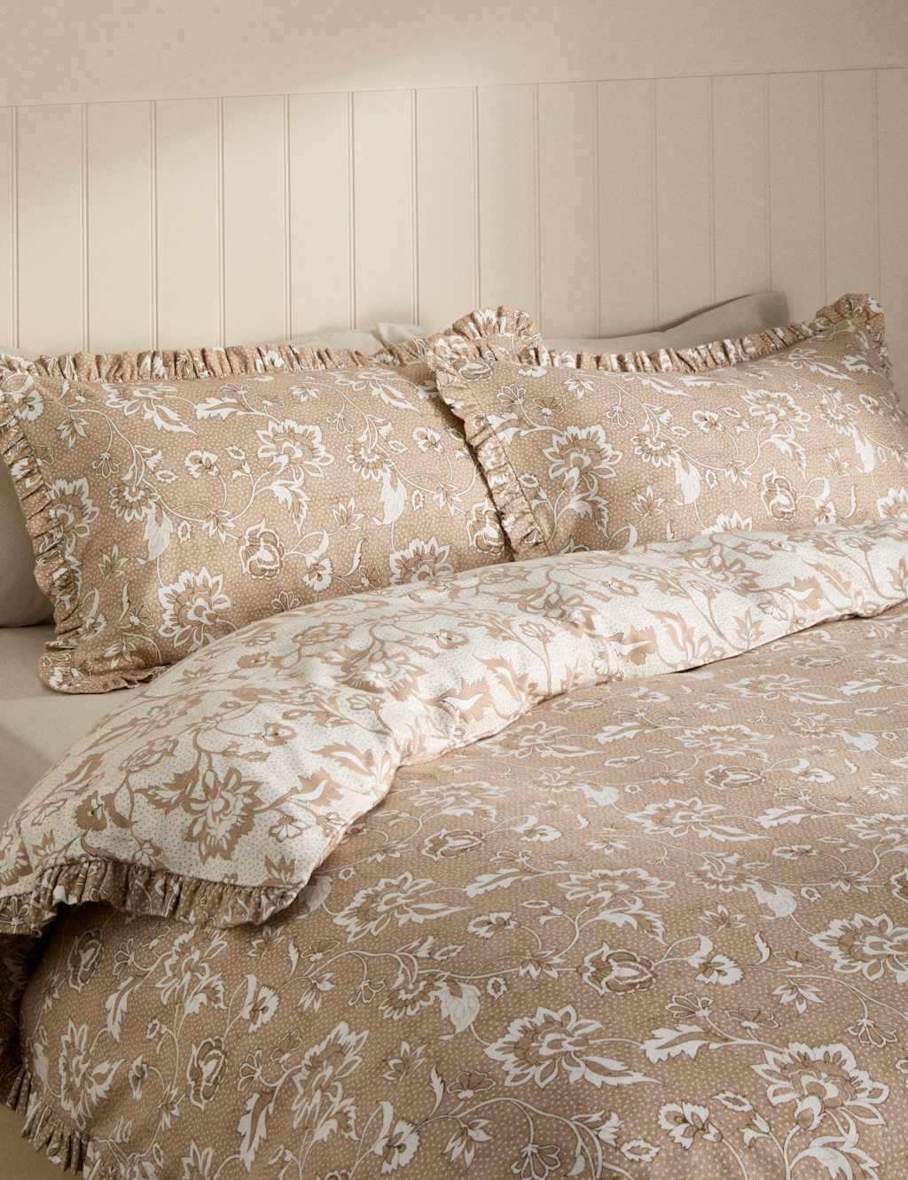 M&S Brushed Cotton Printed Ruffle Edge Bedding Set Natural Mix