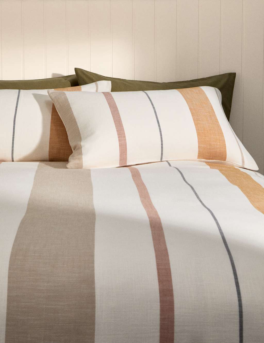 M&S Pure Cotton Yarn Dye Twill Striped Bedding Set Caramel Mix