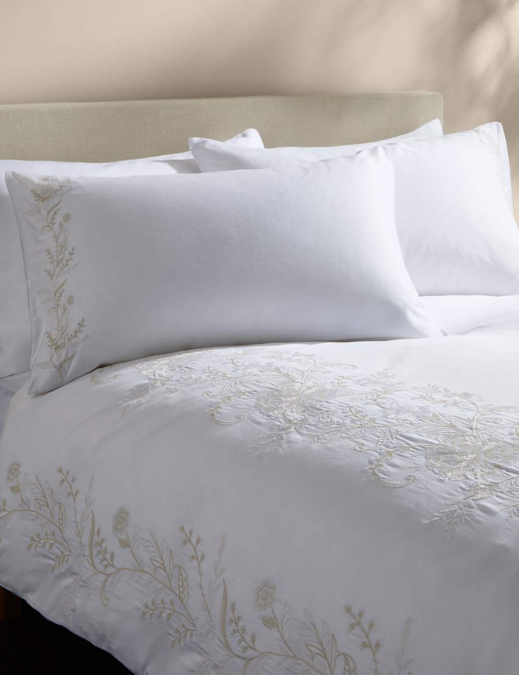 M&S Pure Cotton Celandine Embroidered Bedding Set White