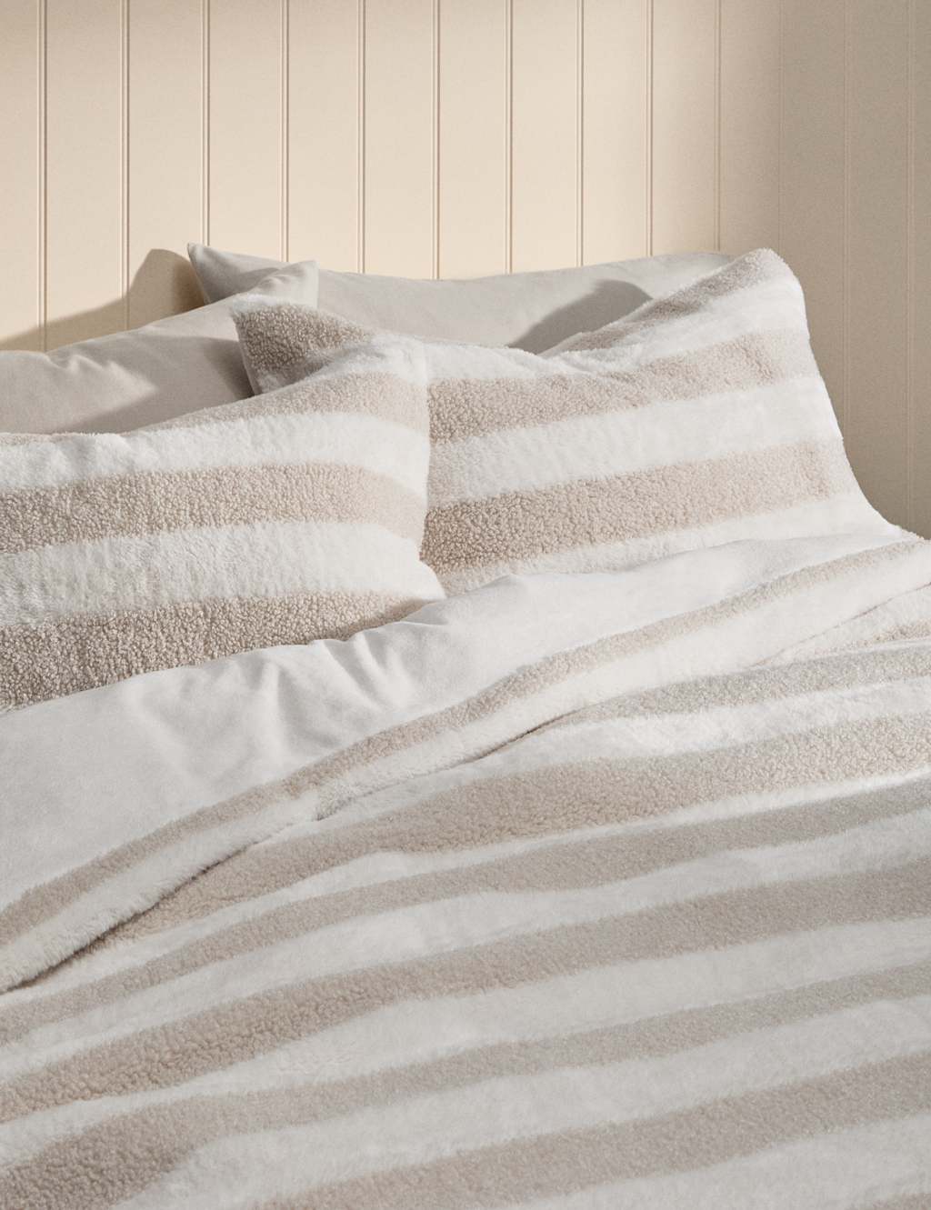 M&S Borg & Fleece Striped Bedding Set Natural Mix