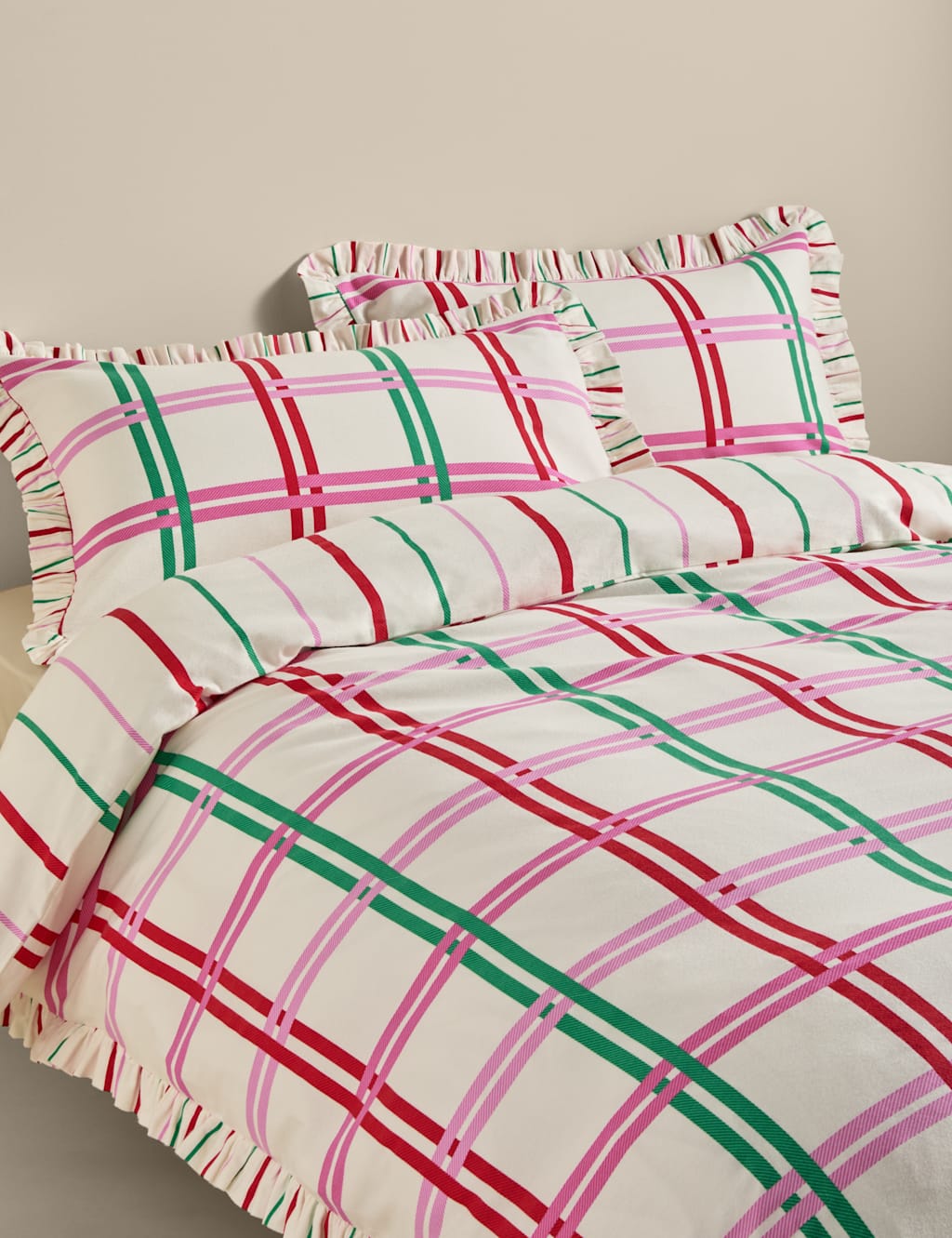 M&S Pure Brushed Cotton Checked Ruffle Bedding Set Pink Mix