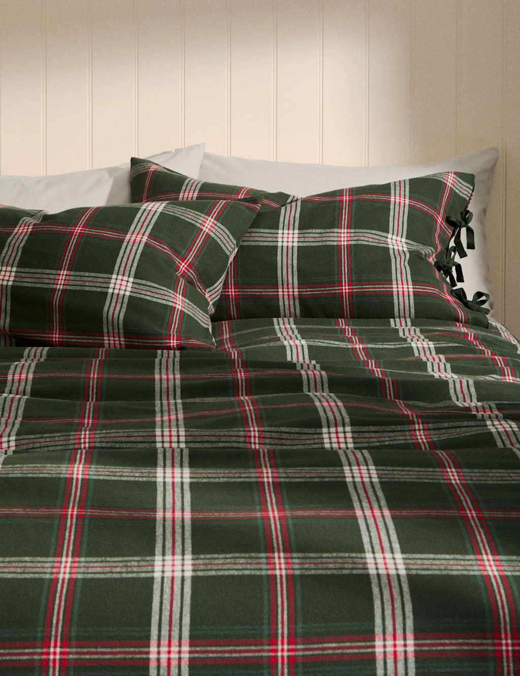 M&S Brushed Cotton Checked Bedding Set Green Mix