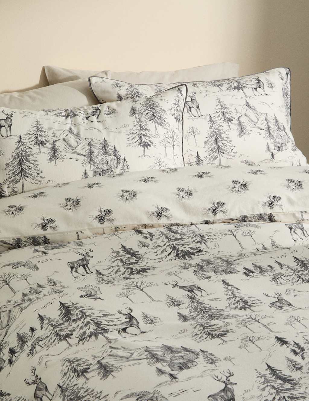 M&S Pure Brushed Cotton Woodland Forest Bedding Set Ecru Mix