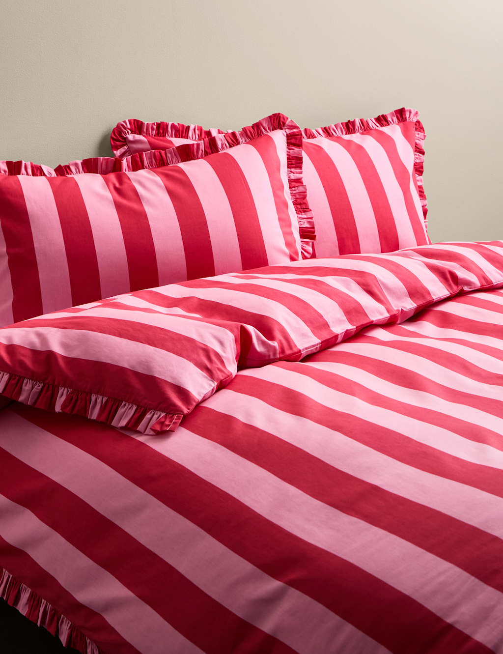 M&S Pure Cotton Striped Ruffle Bedding Set Pink Mix