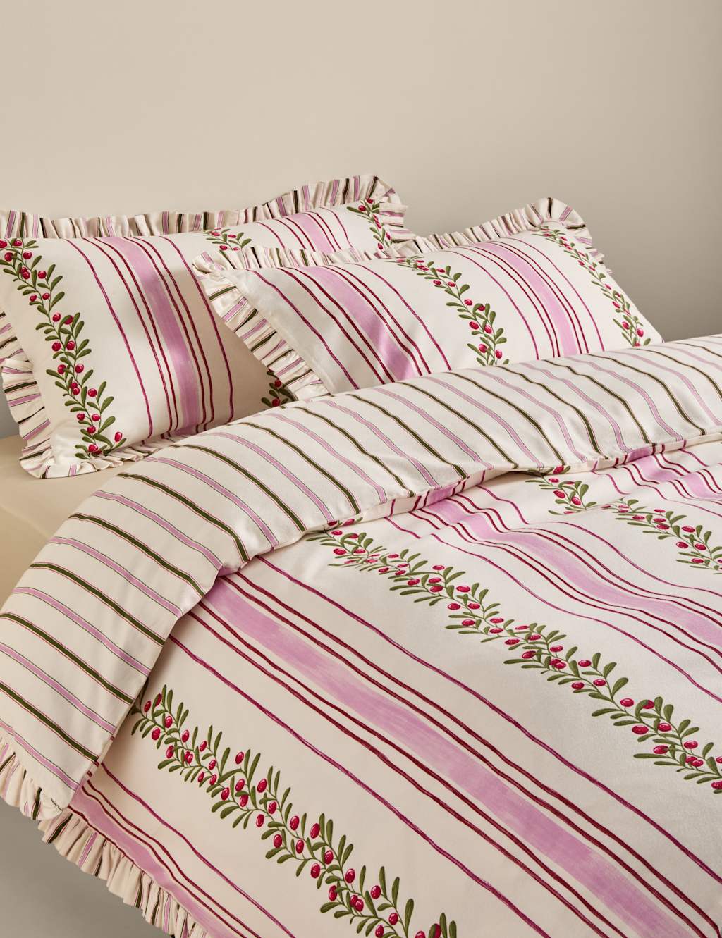 M&S Pure Cotton Striped Foliage Bedding Set Pink Mix