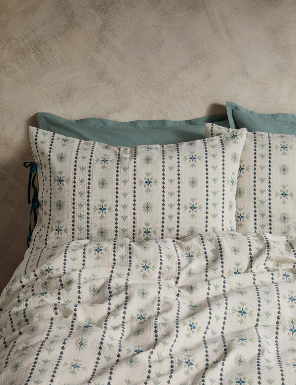 M&S X Fired Earth Pure Cotton Gauze Tile Jacquard Bedding Set White Mix