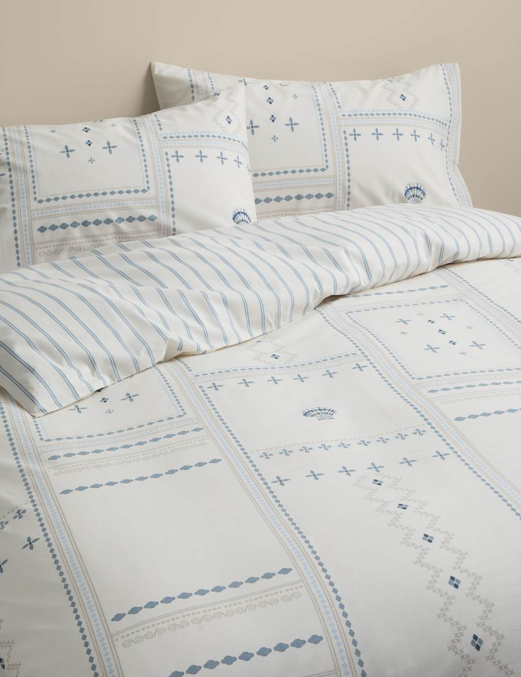 M&S Pure Cotton Coastal Tile Print Bedding Set Blue Mix