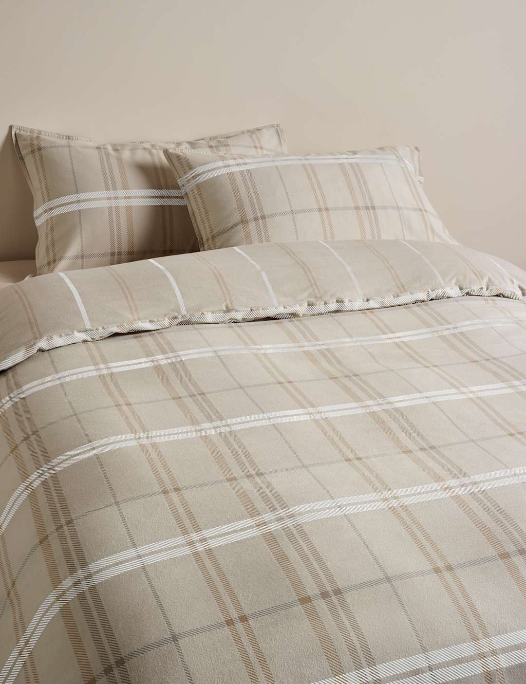 M&S Brushed Cotton Check Bedding Set - Super King Size (6 ft) - Linen