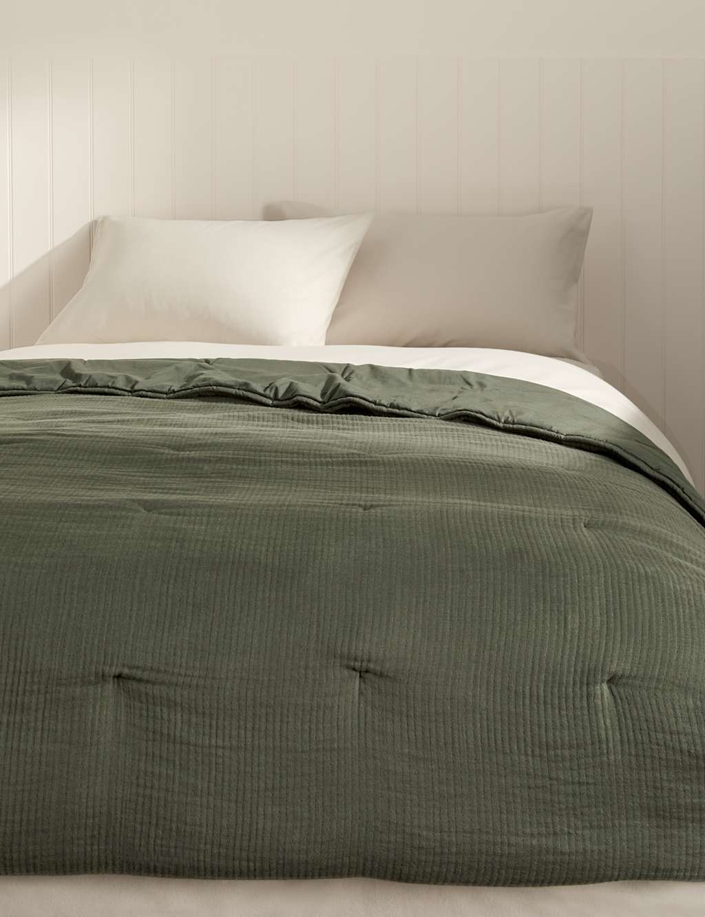M&S Pure Cotton Gauze Quilted Bedspread Dark Green