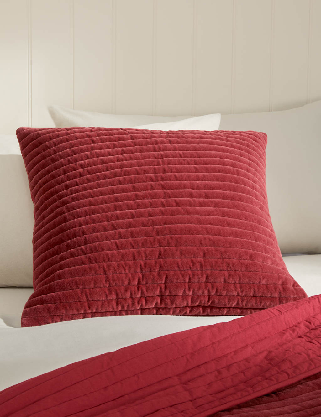 M&S Pure Cotton Velvet Narrow Stripe Pillow Sham Red