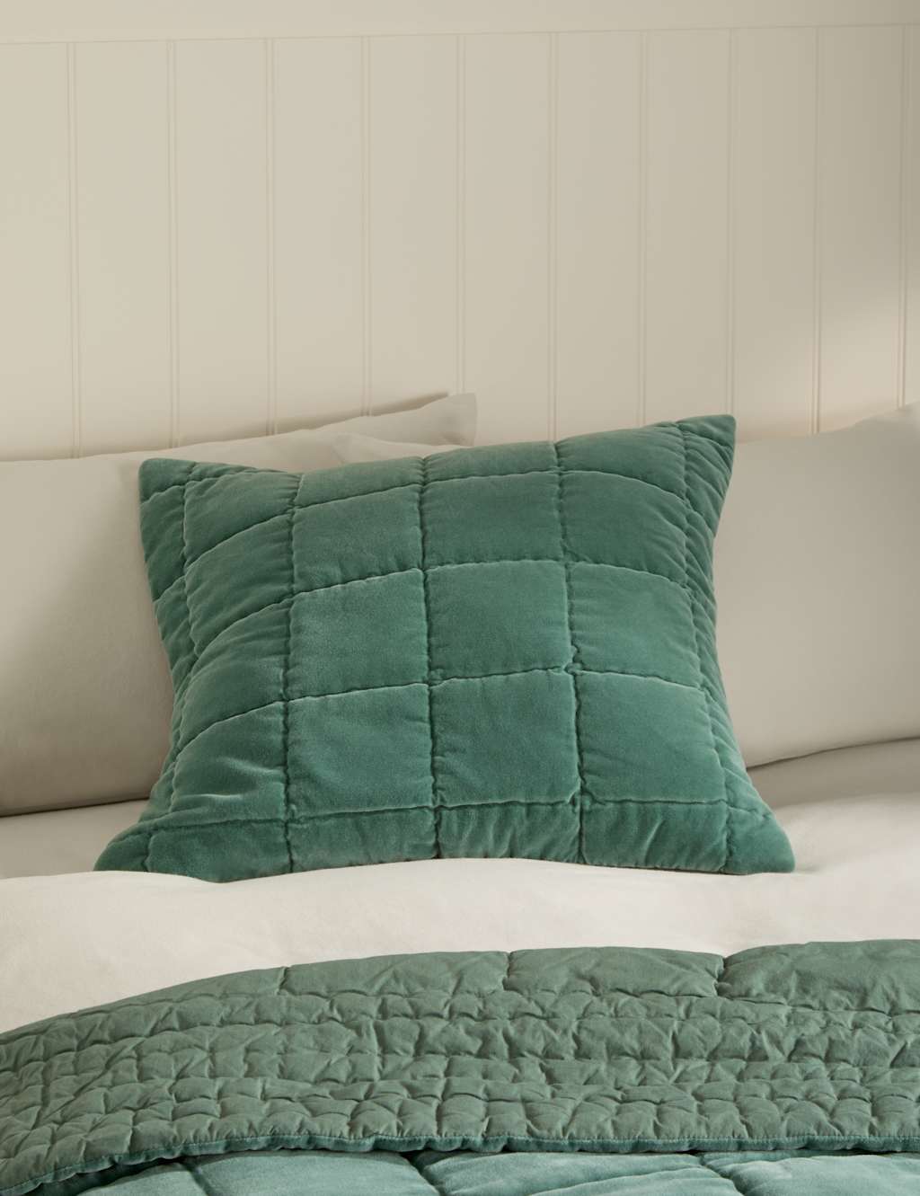 M&S Pure Cotton Velvet Quilted Pillow Sham Green