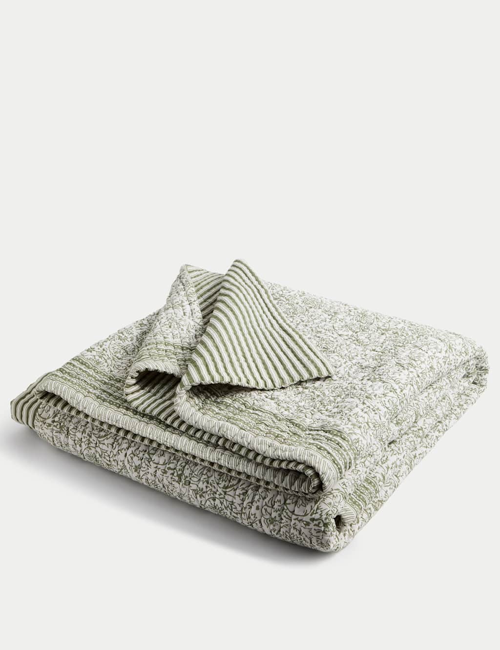 M&S Pure Cotton Floral Striped Bedspread - XL - King Size - Green Mix