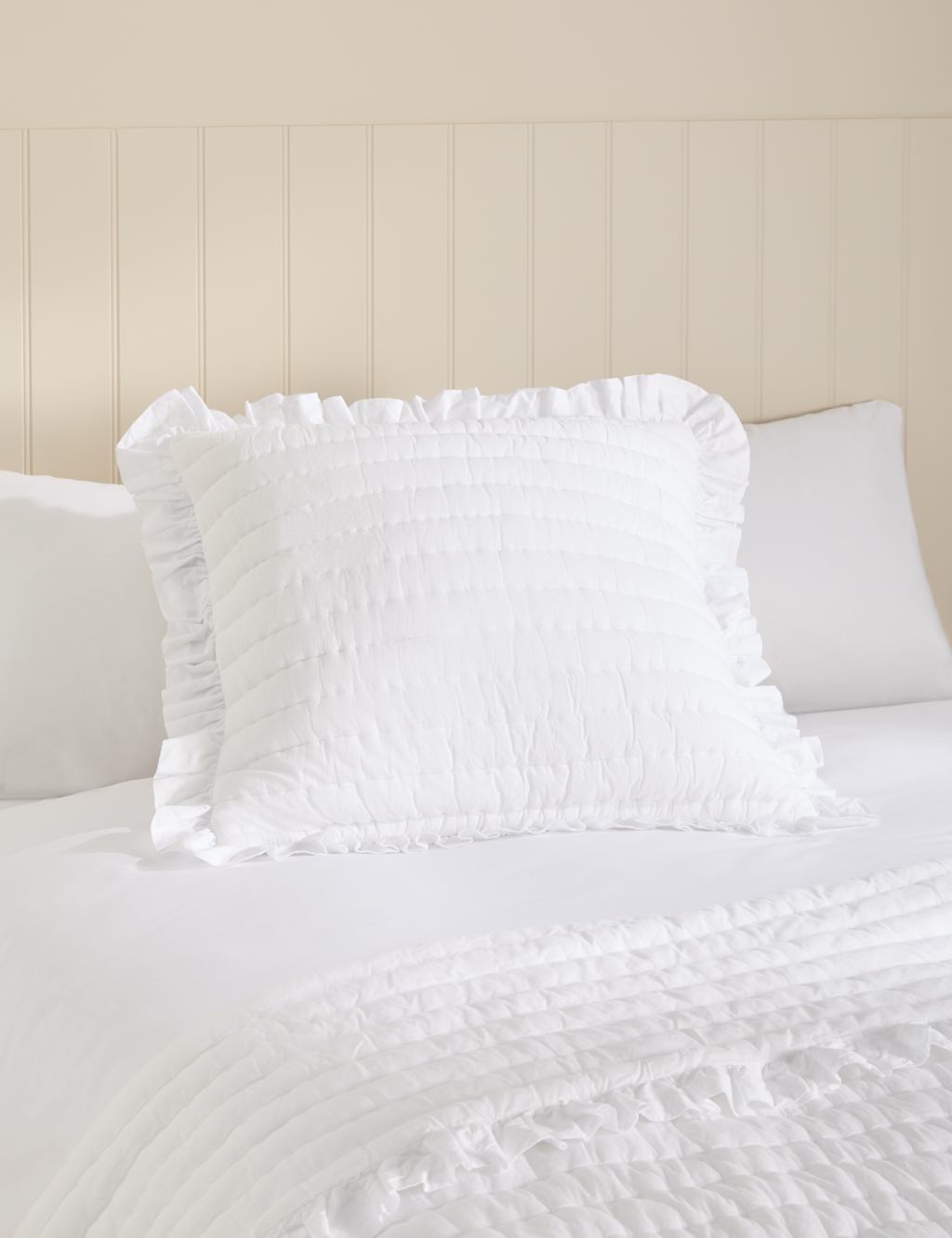 M&S Pure Cotton Textured Ruffle Trim Cushion - White