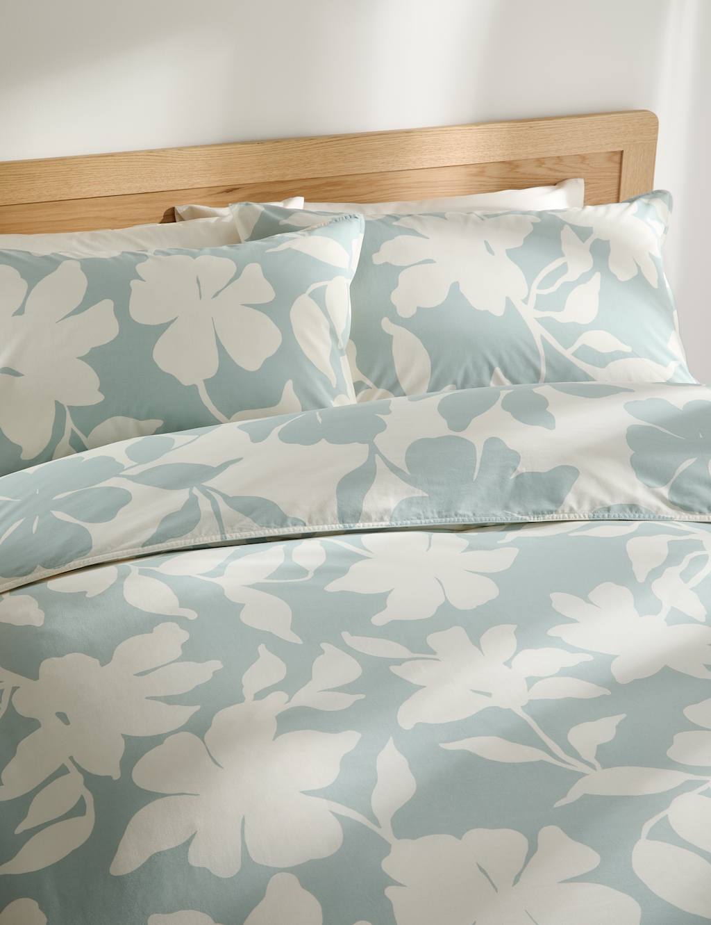M&S Cotton Rich Silhouette Floral Bedding Set Duck Egg