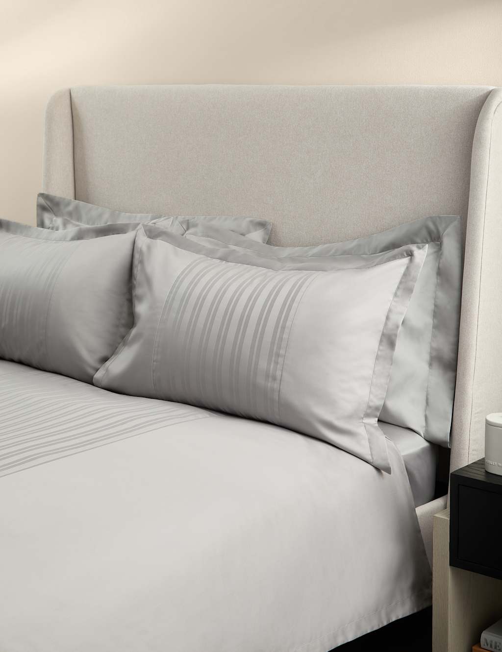 M&S X Kelly Hoppen Pure Cotton Jacquard Striped Bedding Set - King Size (5 ft) - Grey