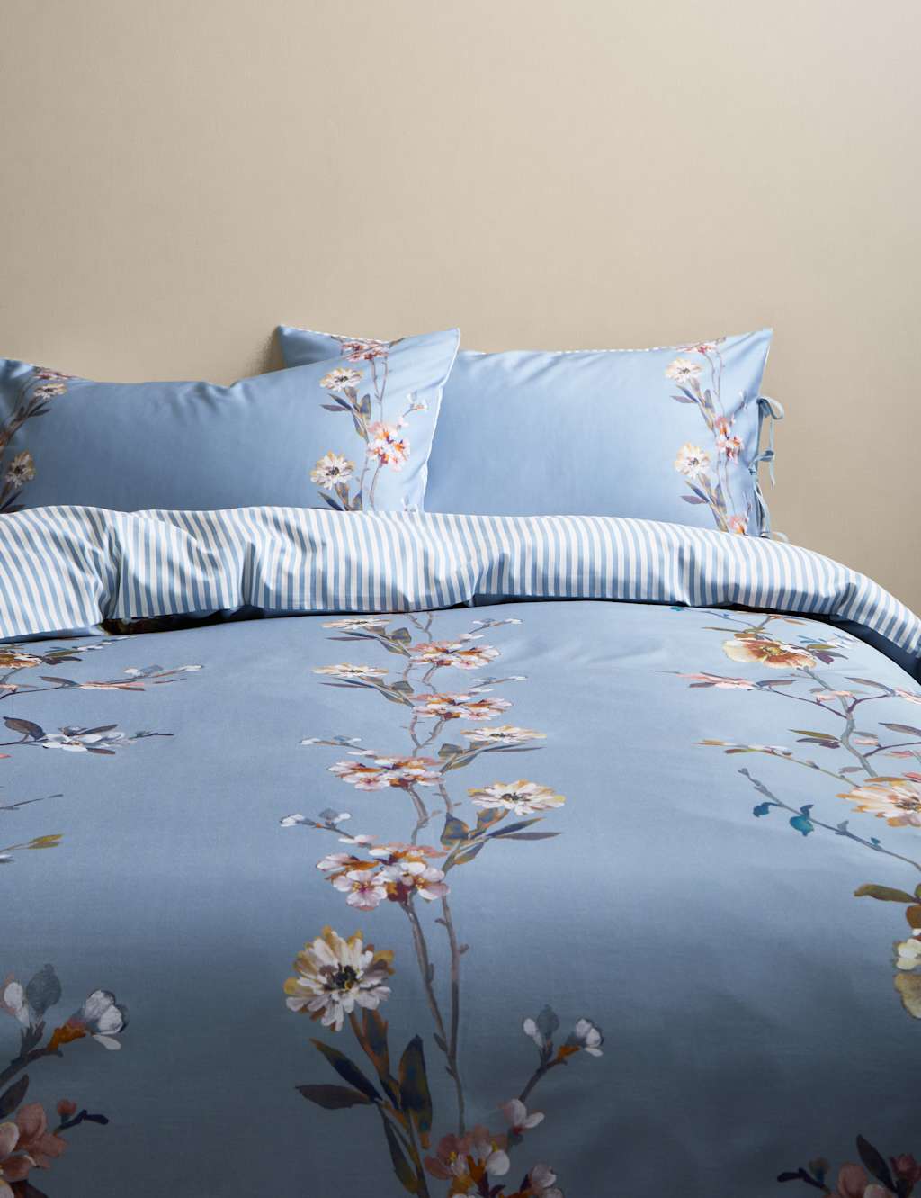M&S Pure Cotton Sateen Solene Painted Blooms Bedding Set Blue Mix