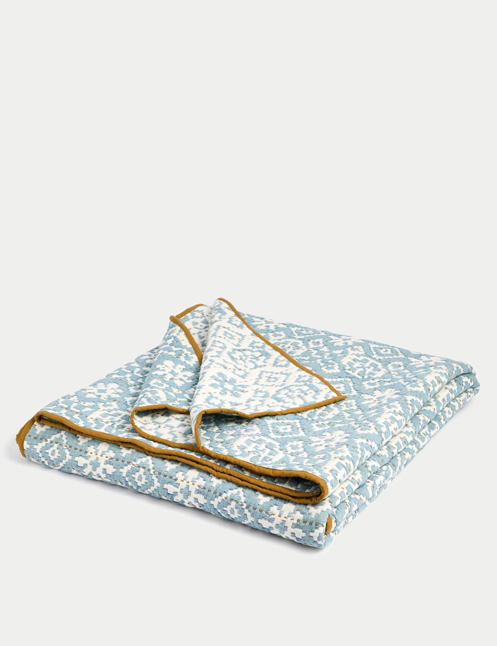 M&S X Fired Earth Pure Cotton Ikat Geometric Bedspread - Large - Double - Blue Mix