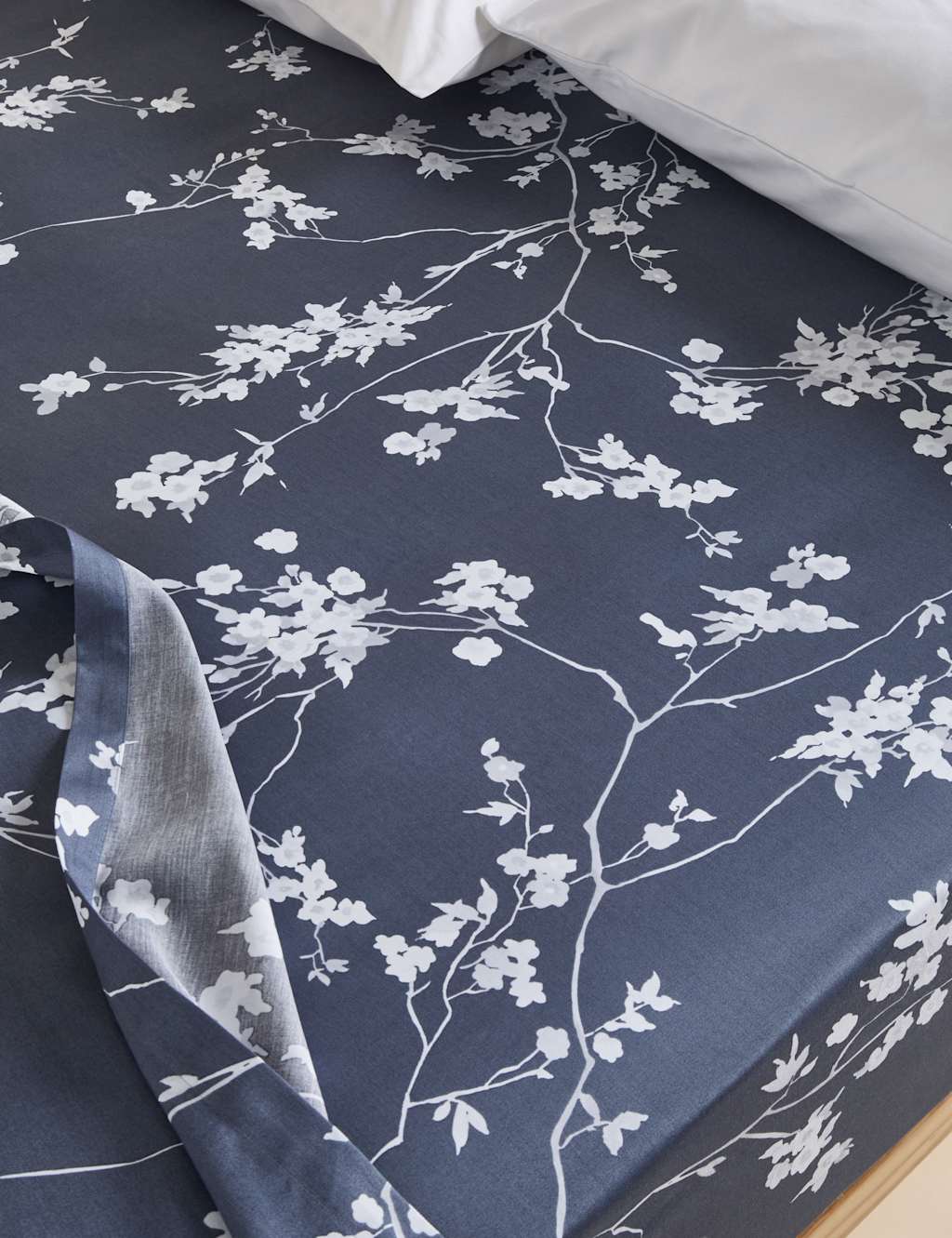 M&S Pure Cotton Sateen Cherry Blossom Deep Fitted Sheet Blue Mix