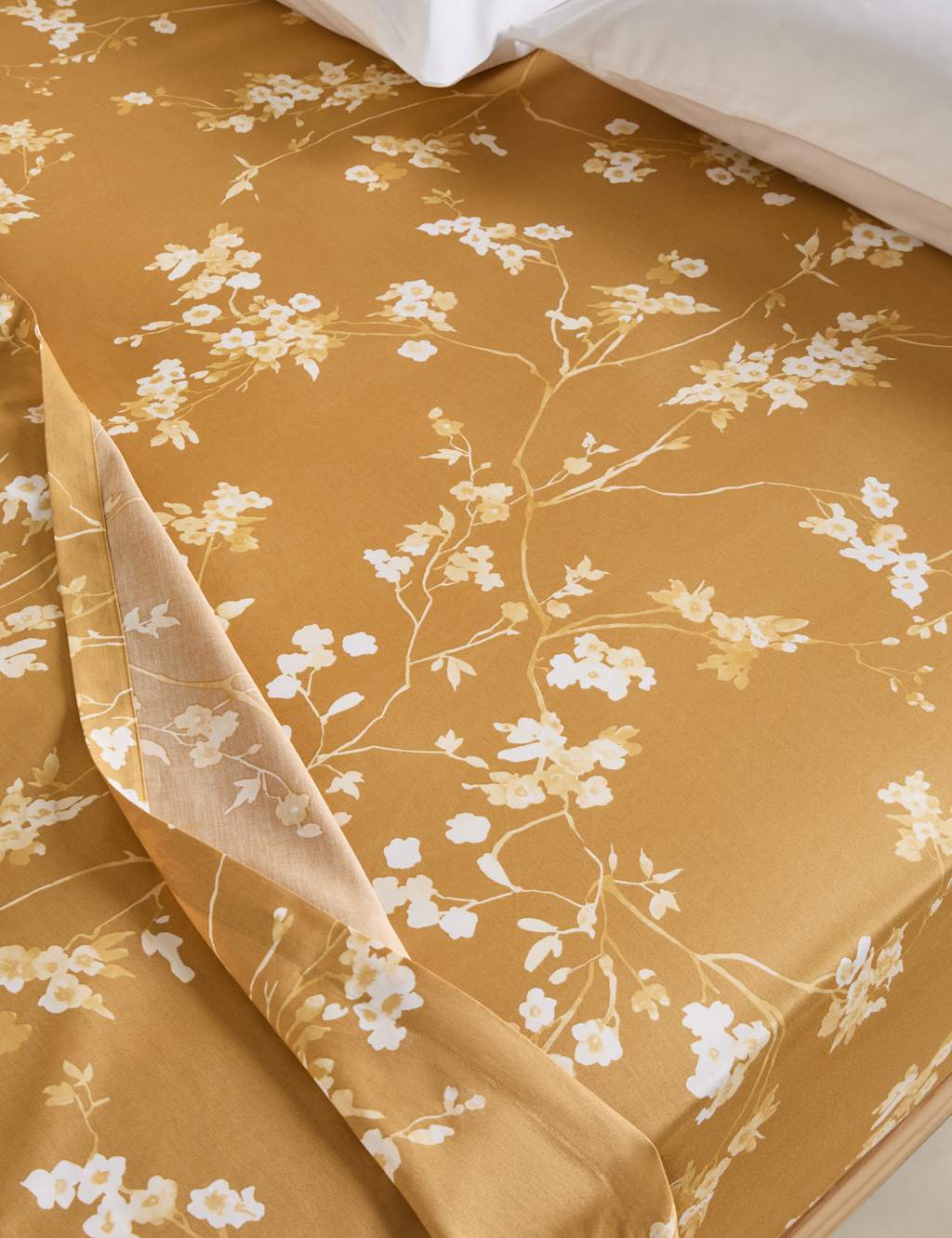 M&S Pure Cotton Sateen Cherry Blossom Deep Fitted Sheet Honey Mix