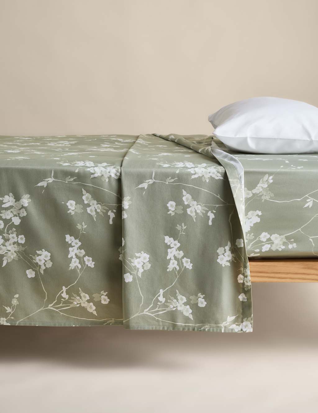 M&S Pure Cotton Sateen Cherry Blossom Flat Sheet Green Mix