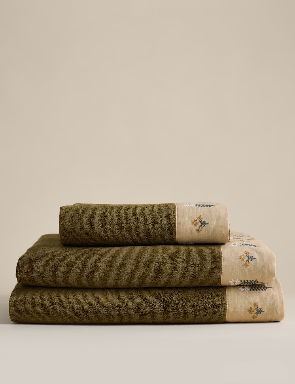 M&S Pure Cotton Floral Embroidered Towel Khaki